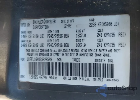 2003 Dodge Dakota из США, поврежденный, VIN 1D7FL16X03S228526